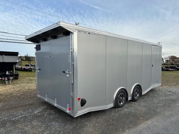 2025-CARGO-PRO-8.5X20-ENCLOSED-CAR-HAULER-ESCAPE-DOOR-SPARE-TIRE-SPOILER-1.jpg Cargo Pro 8.5 x 20 Aluminum V-Nose Car Hauler – Escape Door