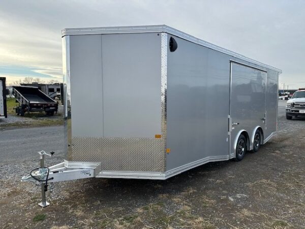 2025-CARGO-PRO-8.5X20-ENCLOSED-CAR-HAULER-ESCAPE-DOOR-SPARE-TIRE-SPOILER-3.jpg Cargo Pro 8.5 x 20 Aluminum V-Nose Car Hauler – Escape Door