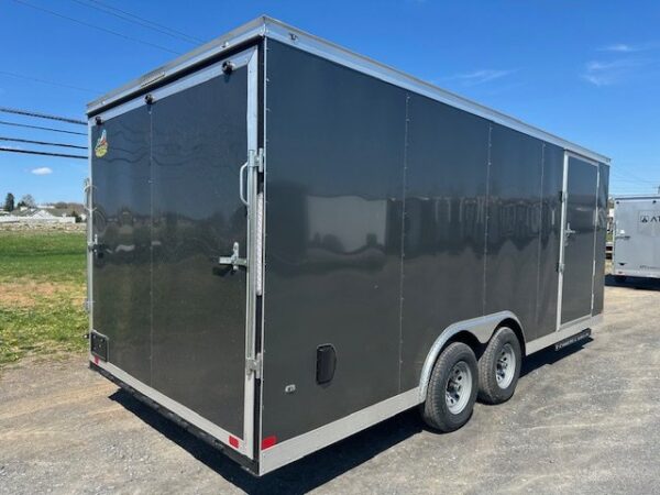 2025-COVERED-WAGON-8.5X20-ENCLOSED-CAR-HAULER-RAMP-DOOR-1.jpg Covered Wagon 8.5 x 20 V-Nose Enclosed Car Trailer – 6″ Added Height
