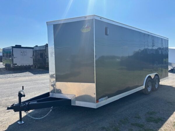 2025-COVERED-WAGON-8.5X20-ENCLOSED-CAR-HAULER-RAMP-DOOR-4.jpg Covered Wagon 8.5 x 20 V-Nose Enclosed Car Trailer – 6″ Added Height