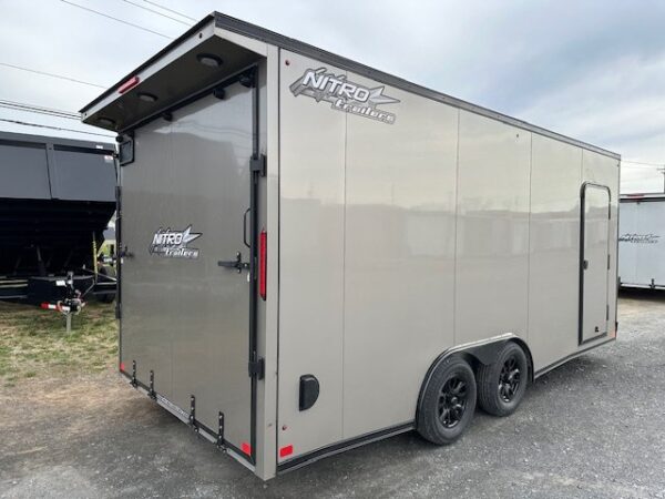 2025-NITRO-8.5X18-ENCLOSED-CAR-HAULER-RAMP-DOOR-SPOILER-5.jpg Nitro 8.5 x 18 Enclosed Aluminum Car Trailer – V Nose